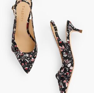 Talbots Sylvie Side Knot Slingbacks Paisley Cotton sz. 8 Kitten Heel Black Red